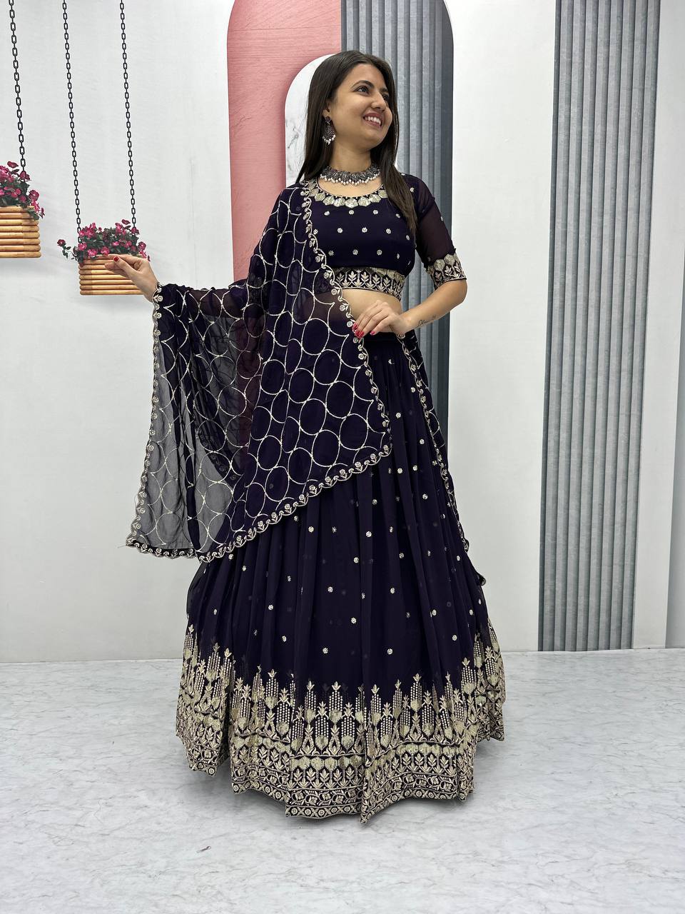 Teeya Creation Dark Purple Color Faux Georgette Embroidery Work Fully Stitched Lehenga Choli