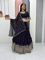 Teeya Creation Dark Purple Color Faux Georgette Embroidery Work Fully Stitched Lehenga Choli