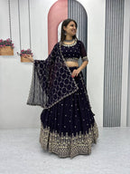 Teeya Creation Dark Purple Color Faux Georgette Embroidery Work Fully Stitched Lehenga Choli