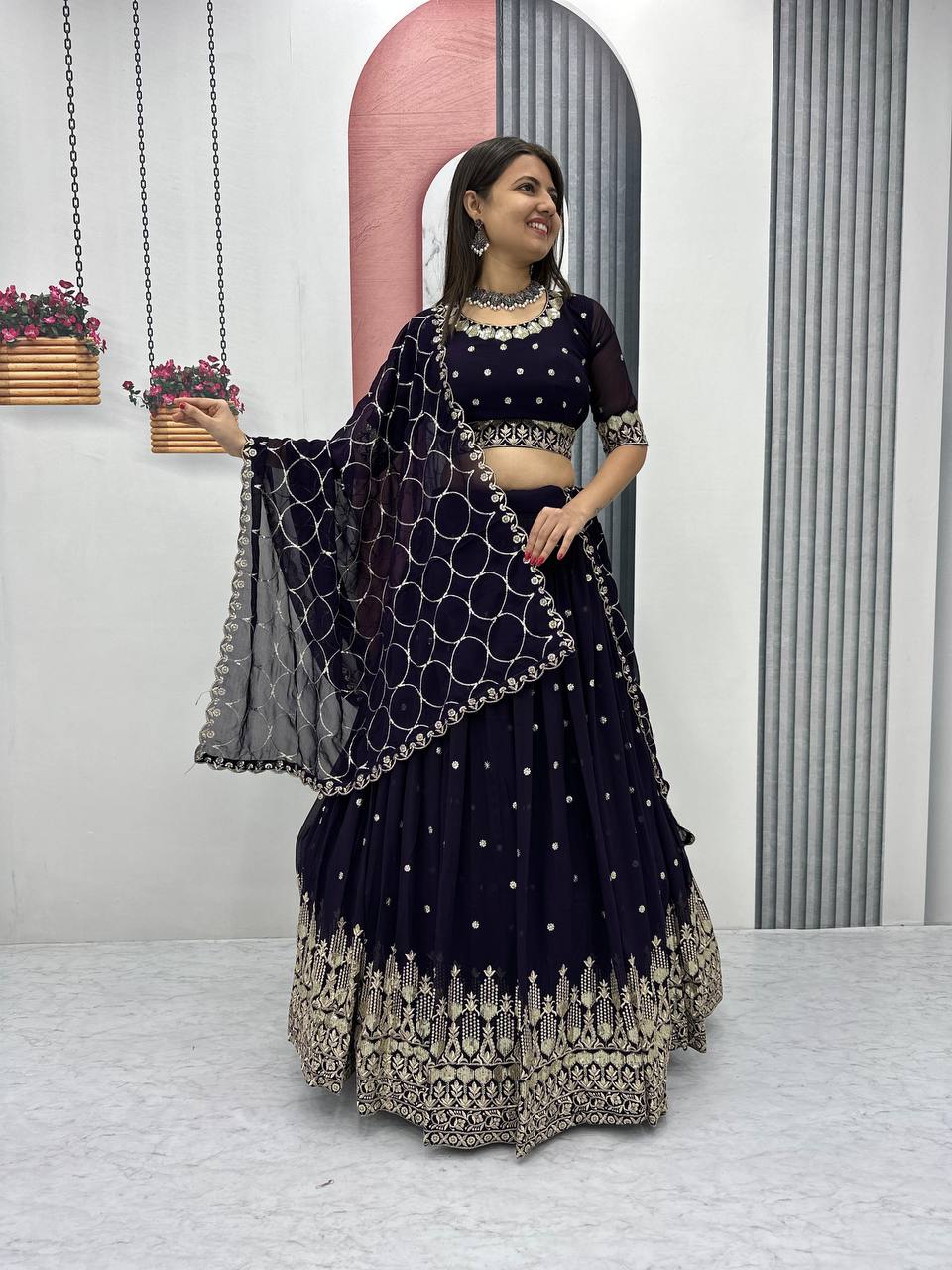 Teeya Creation Dark Purple Color Faux Georgette Embroidery Work Fully Stitched Lehenga Choli