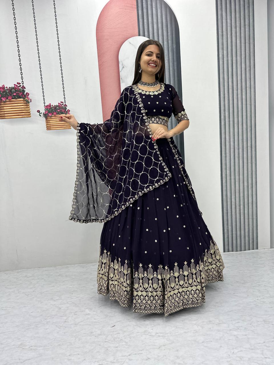 Teeya Creation Dark Purple Color Faux Georgette Embroidery Work Fully Stitched Lehenga Choli