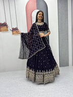 Teeya Creation Dark Purple Color Faux Georgette Embroidery Work Fully Stitched Lehenga Choli