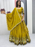 Teeya Creation Mustard Color Chinon Silk Heavy Embroidery Work Fully Stitched Lehenga Choli