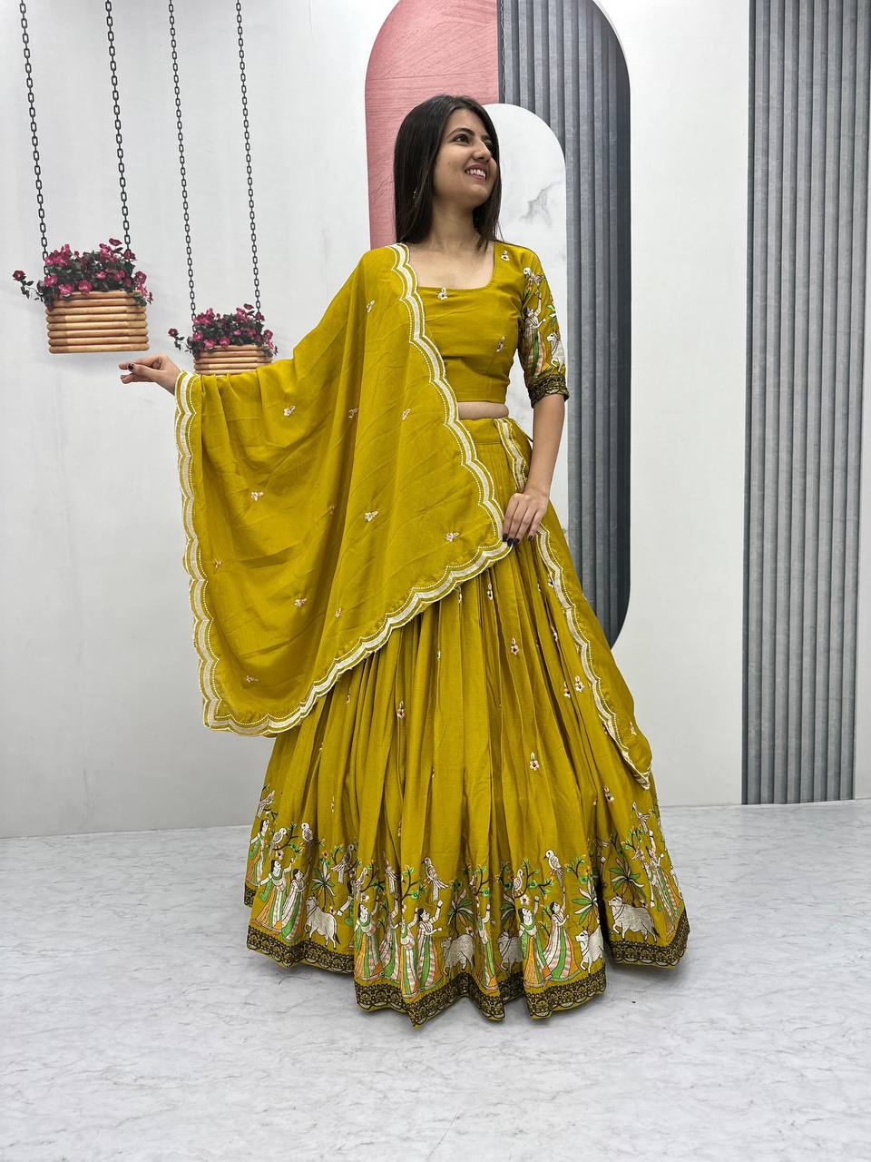 Teeya Creation Mustard Color Chinon Silk Heavy Embroidery Work Fully Stitched Lehenga Choli