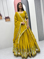 Teeya Creation Mustard Color Chinon Silk Heavy Embroidery Work Fully Stitched Lehenga Choli
