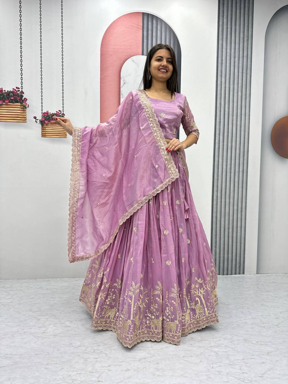 Teeya Creation Lite Purple Color Gold Crush Embroidery Work Fully Stitched Lehenga Choli