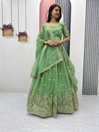 Teeya Creation Parrot Green Color Gold Crush Embroidery Work Fully Stitched Lehenga Choli
