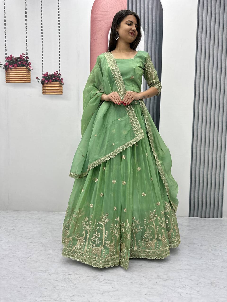 Teeya Creation Parrot Green Color Gold Crush Embroidery Work Fully Stitched Lehenga Choli