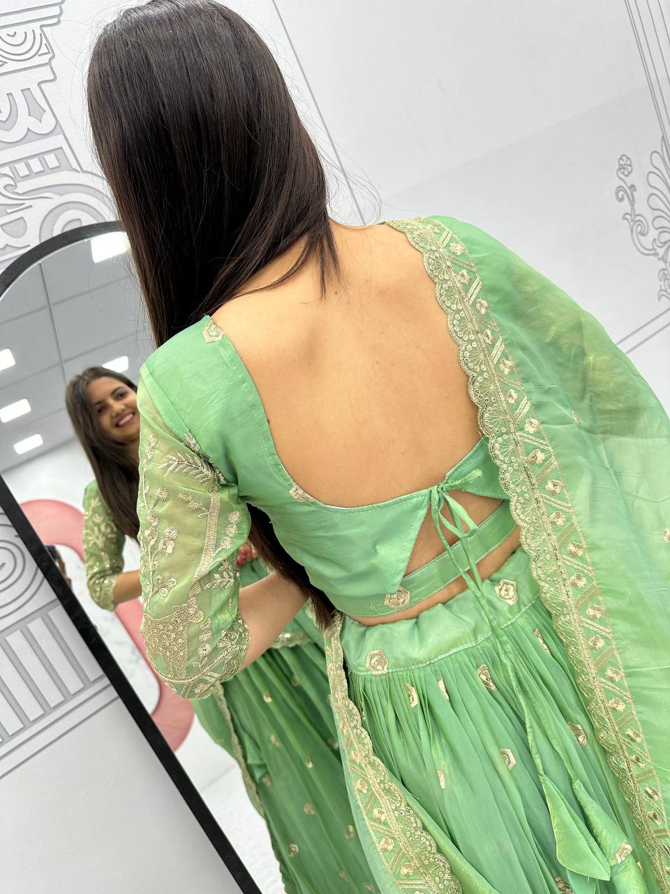Teeya Creation Parrot Green Color Gold Crush Embroidery Work Fully Stitched Lehenga Choli