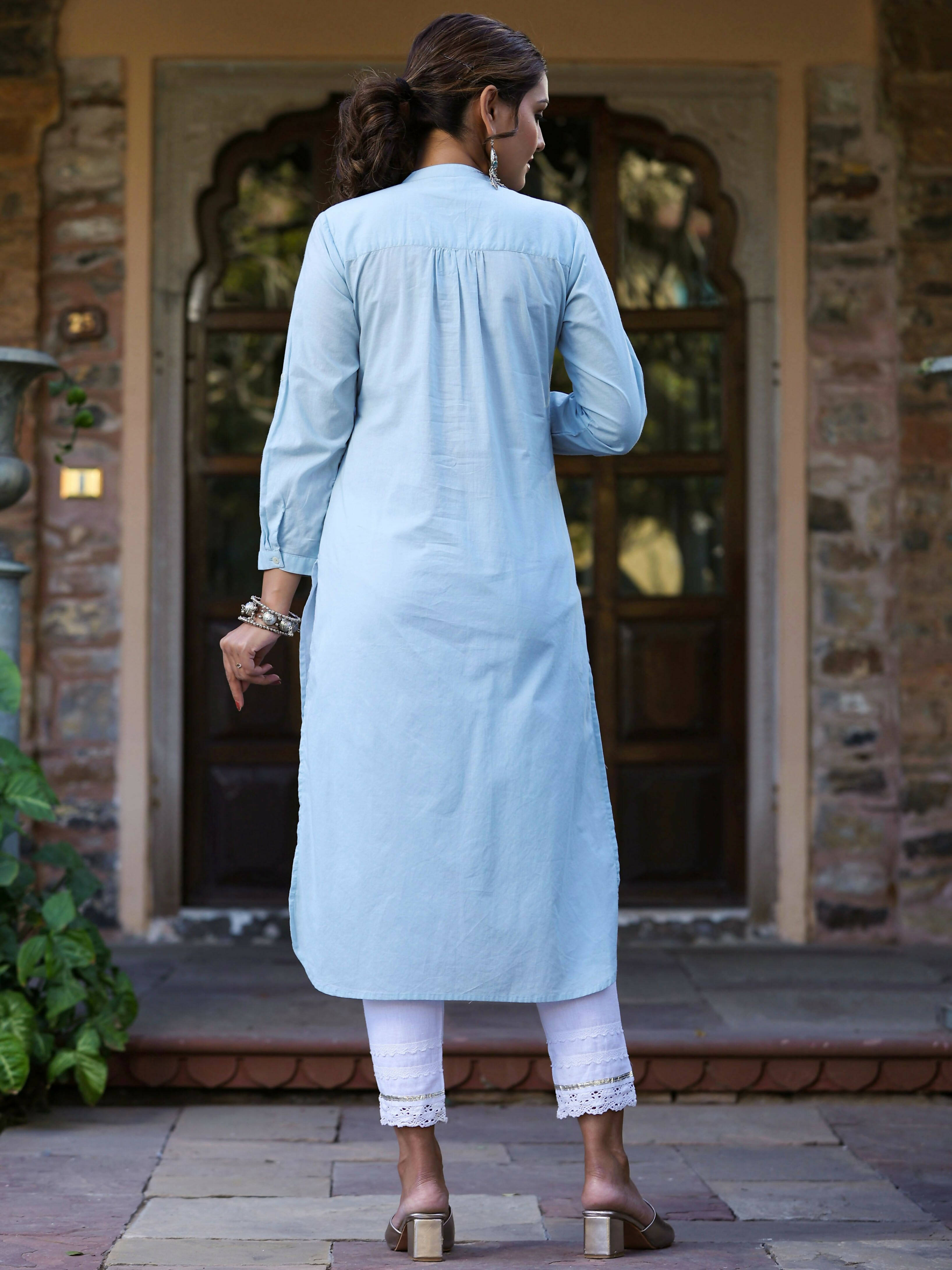 Juniper Women's Blue Cambric Embroidered Straight Kurta - Distacart