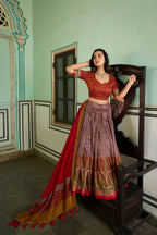 Vastranavya Kashmiri Print With Foil Print Lehenga With Unstitched Printed Blouse - Onion