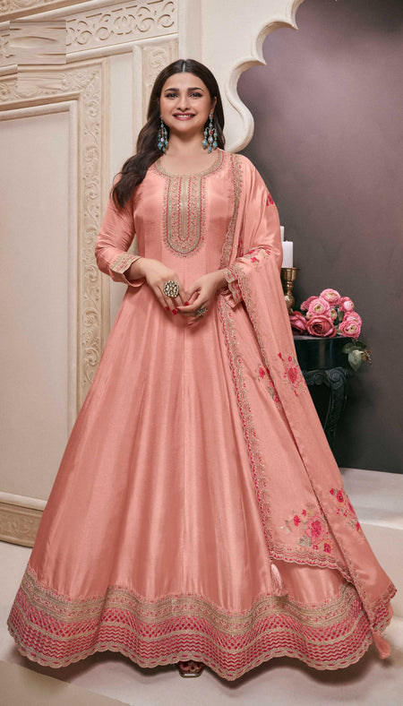 Anaita Peach Embroidered Work Silk Stitched Anarkali suit