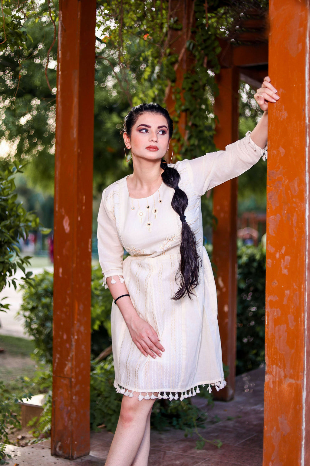 Aayaa Designer Multi Thread Hand Work Khadi Cotton One Piece Dress - Off White