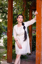 Aayaa Designer Multi Thread Hand Work Khadi Cotton One Piece Dress - Off White
