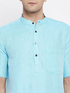 Even Apparels Blue Color Pure Cotton Men's H/S Kurta With Band Collar - Distacart