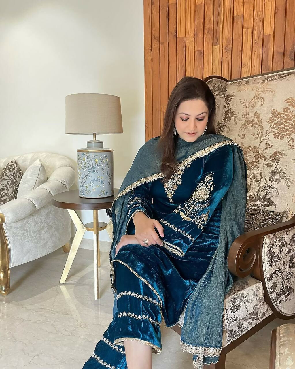 Vastranavya Teal Velvet Cording Sequence Embroidery Work Suit With Dupatta - Distacart