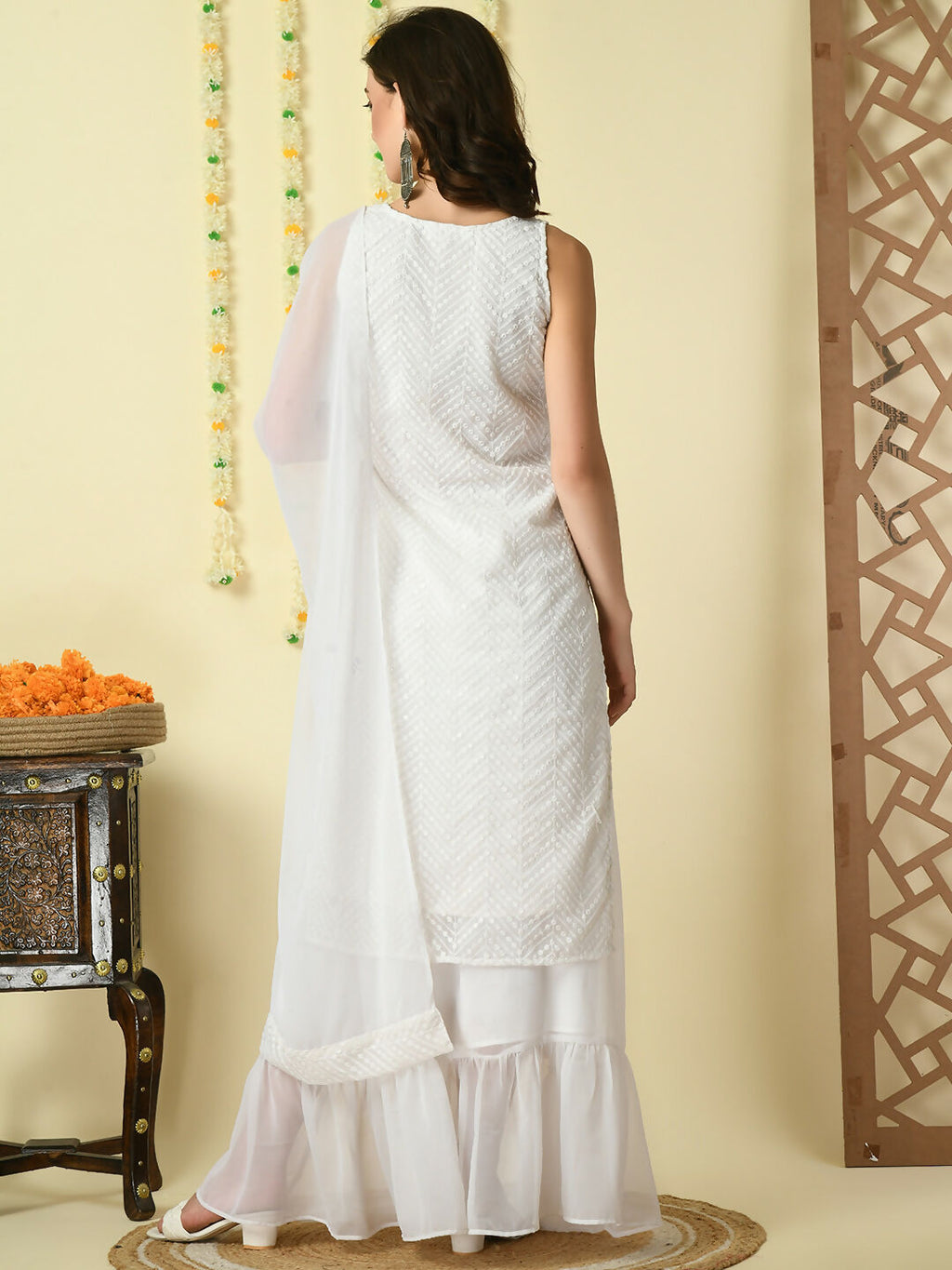Myshka Women's White Georgette Kurta & Skirt With Dupatta Party Sets