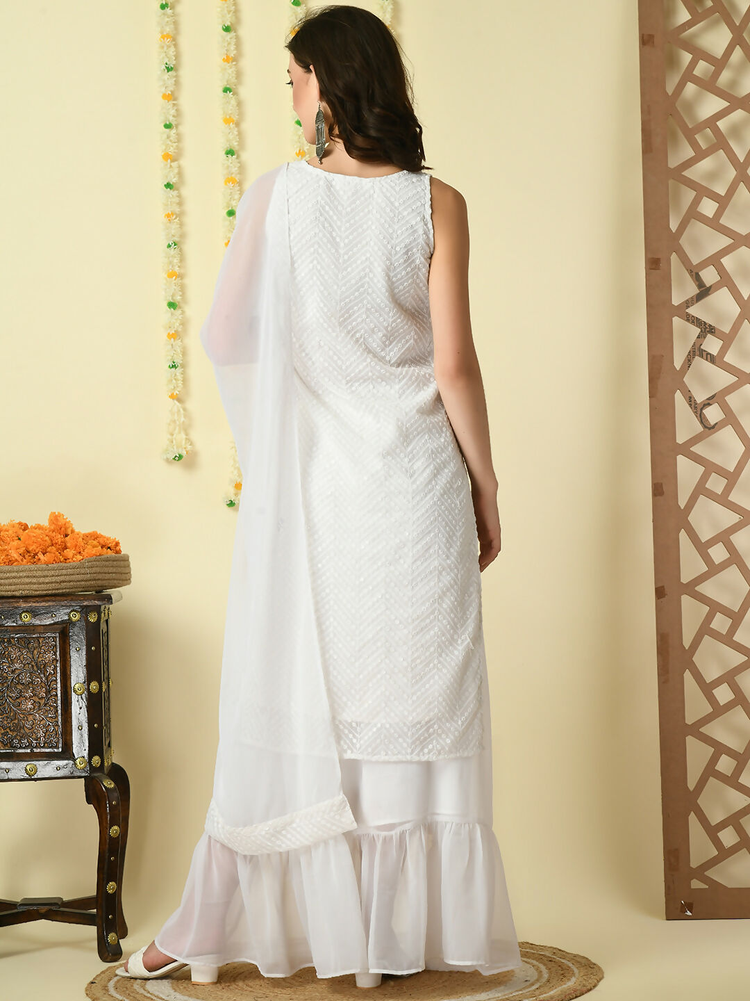 Myshka Women's White Georgette Kurta & Skirt With Dupatta Party Sets