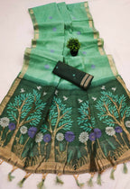 Vastranavya Sky Blue Muga Cotton Meenakari & Azarakh Pallu Saree with Contrast Blouse - Distacart