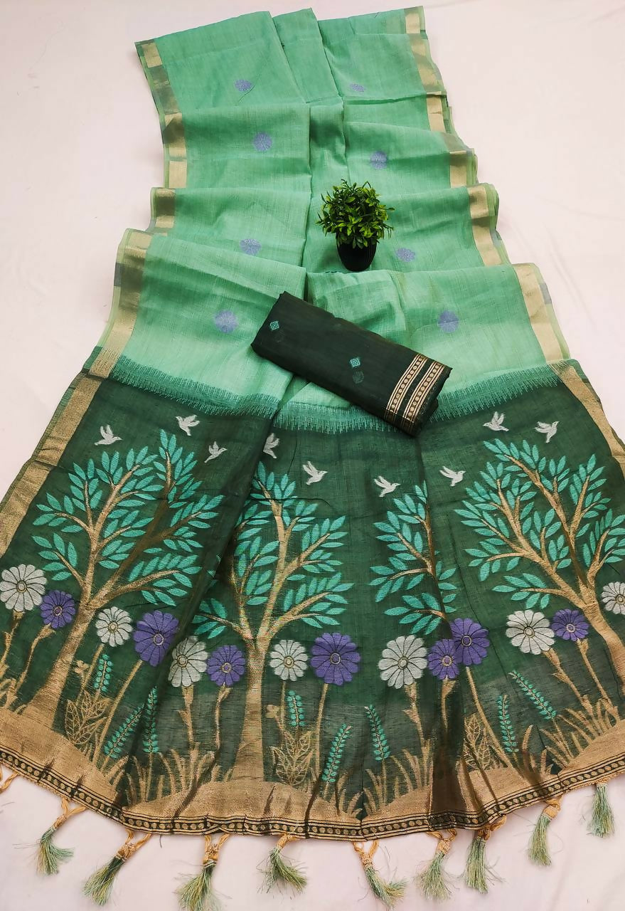 Vastranavya Sky Blue Muga Cotton Meenakari & Azarakh Pallu Saree with Contrast Blouse - Distacart