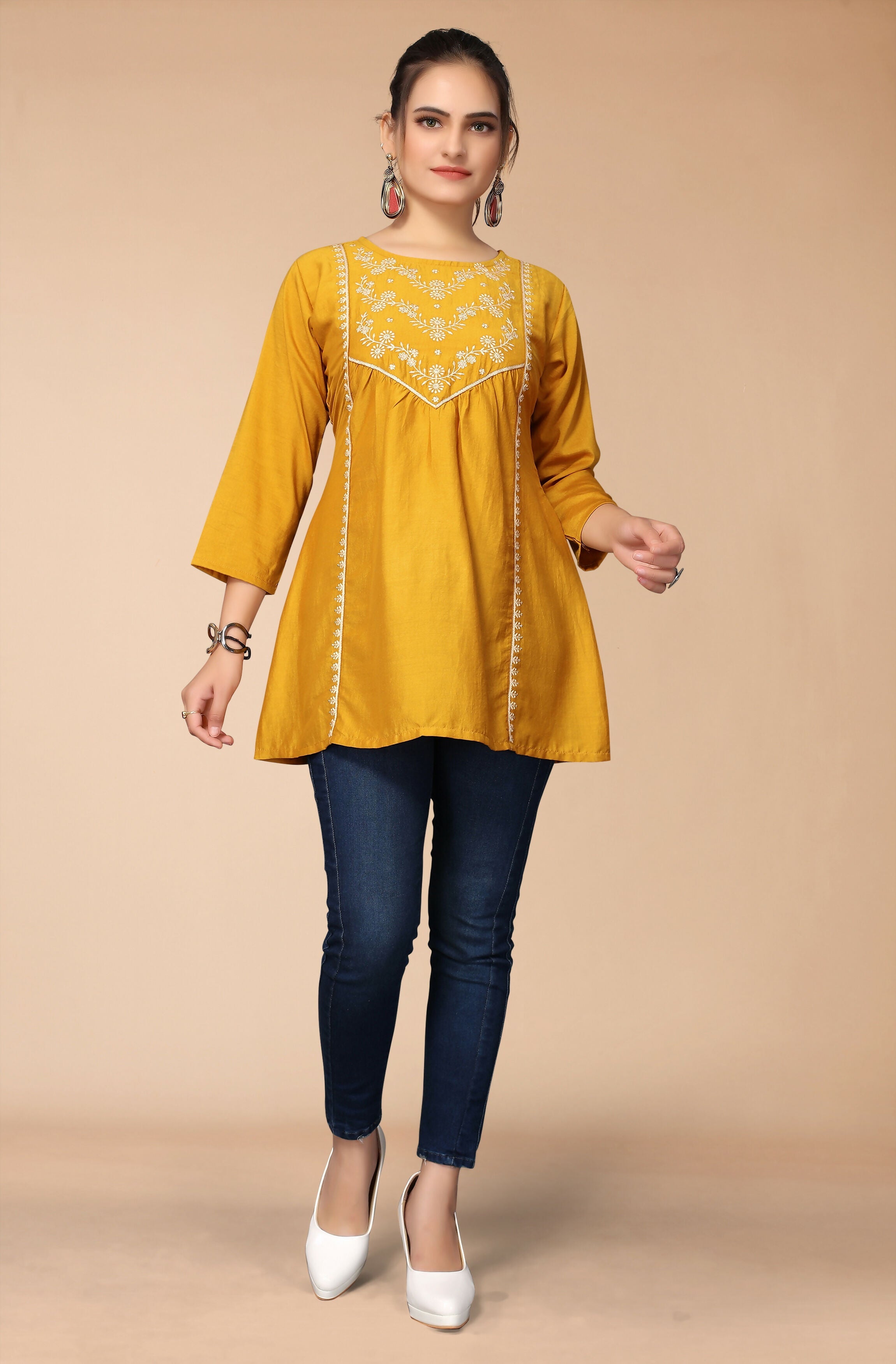 Women's Mustard Viscose blend Embroidered Short Top - Marina