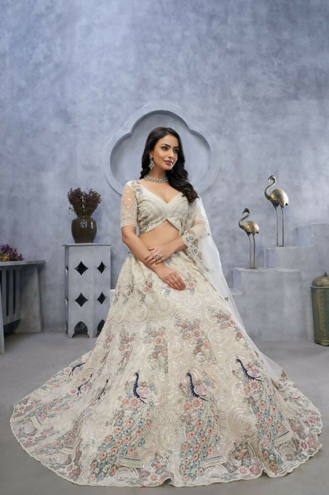 Kesar Fab Ivory Net Embroidered Lehenga