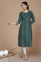 Miravan Women's Rayon Bandhani Print Straight Kurta Green