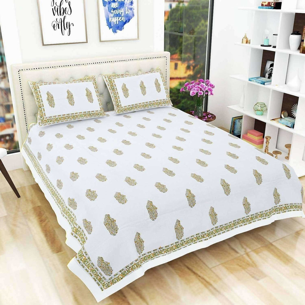 Premium Hand Block Printed Rajasthani Double Bedsheet Bedspread with 2 Pillow Covers
