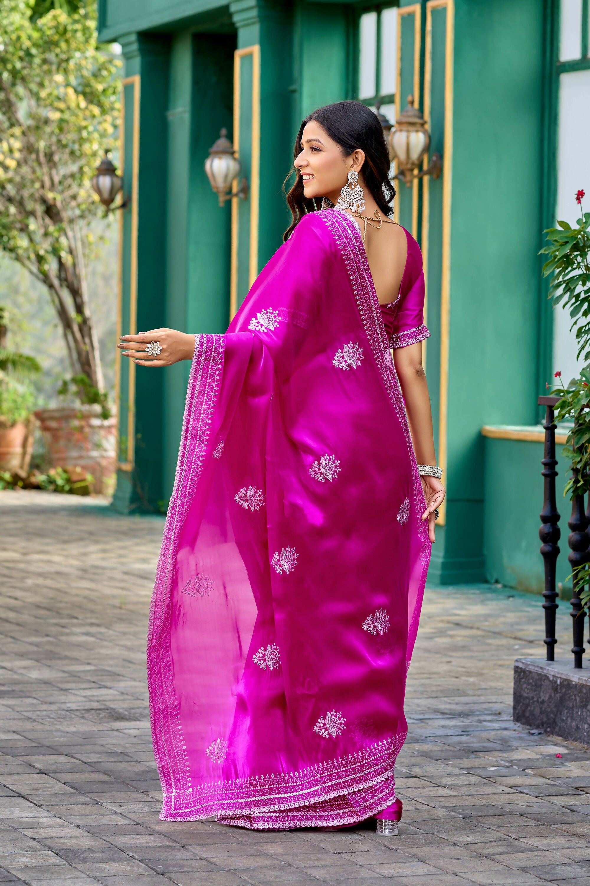 Vastranavya Pink Embroidery Work Shimmer Chiffon Saree with Unstitched Blouse - Distacart