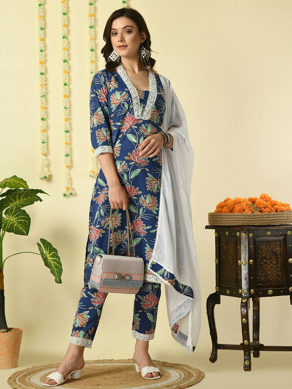 Myshka Women's Blue Pure Cotton Kurta & Trousers With Dupatta Party Sets