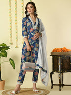 Myshka Women's Blue Pure Cotton Kurta & Trousers With Dupatta Party Sets
