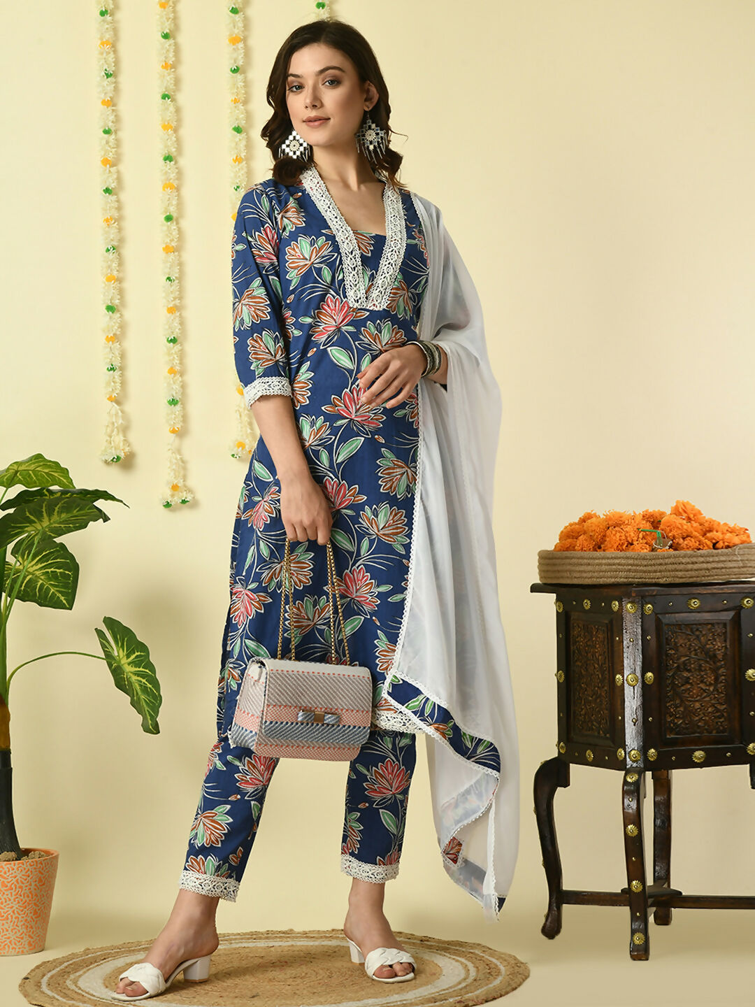Myshka Women's Blue Pure Cotton Kurta & Trousers With Dupatta Party Sets