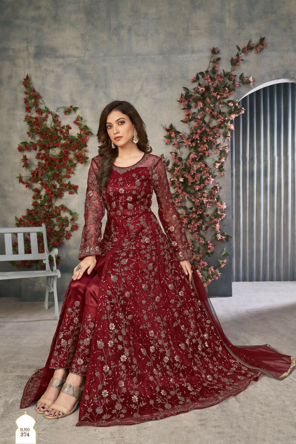 Anaita Maroon Embroidered Net Stitched Anarkali suit - Distacart