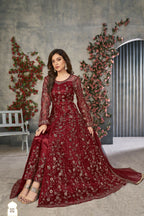 Anaita Maroon Embroidered Net Stitched Anarkali suit - Distacart