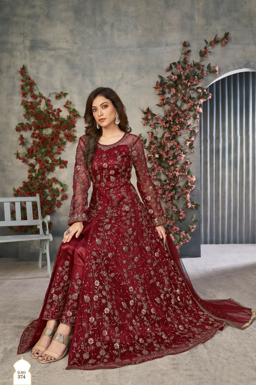 Anaita Maroon Embroidered Net Stitched Anarkali suit - Distacart