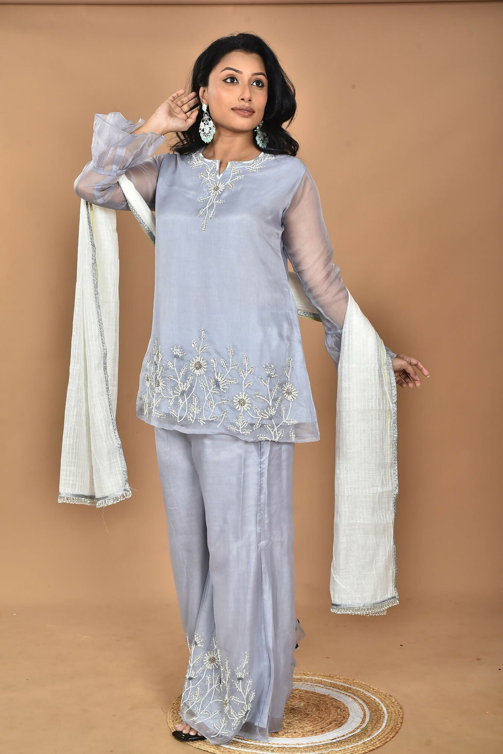 Morchari Women And Hand Embroidery Palazzo Set-Grey