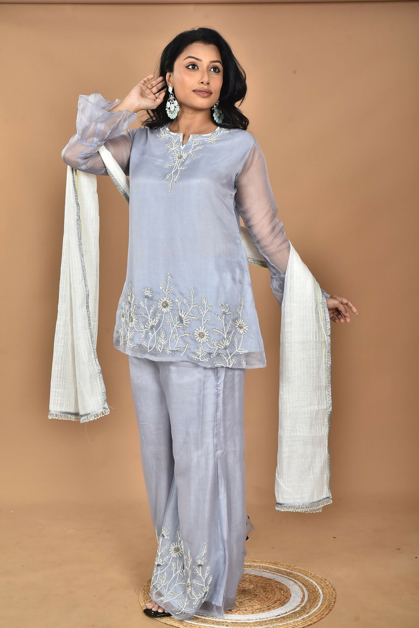 Morchari Women And Hand Embroidery Palazzo Set-Grey