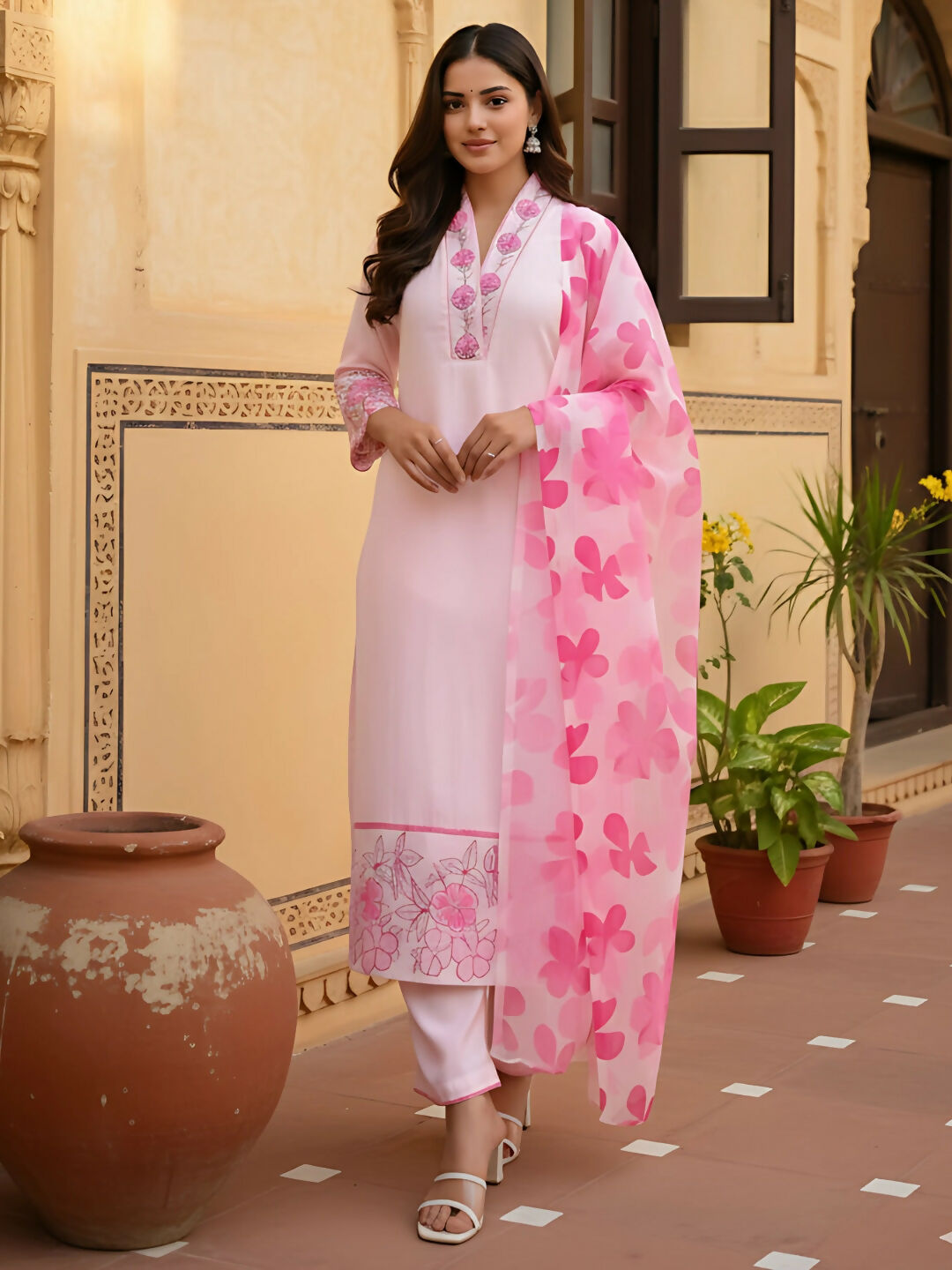 The52 Women's Beautiful Chanderi Fabric Printed Work Straight Kurta Pant and Dupatta Set - Distacart
