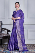 Morchari Dark Blue Script Printed Orzanga Saree Unstitched Blouse - Distacart