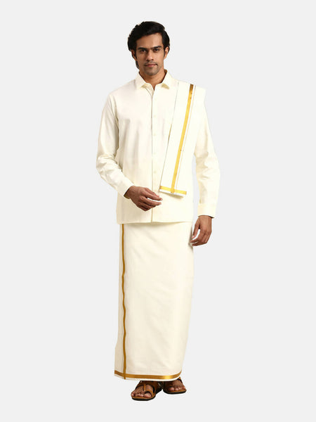 Ramraj Cotton 2 In 1 Set For Mens Readymade Cream Double Layer Pocket Dhoti With 3/4 Inch Golden Jari And Towel