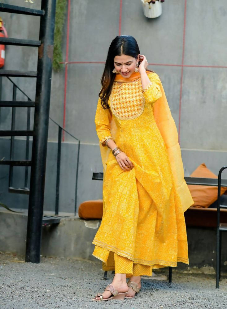 Yufta Women Mustard Handblock Printed Kurta with Trouser & Dupatta