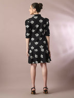 Myshka Women's Black Printed Shirt Collar Fit and Flare Party Dress - Distacart