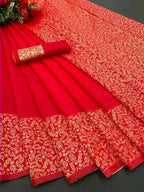 DEIANA'S Beautiful Designer Golden zari Soft Lichi Silk Saree - Red