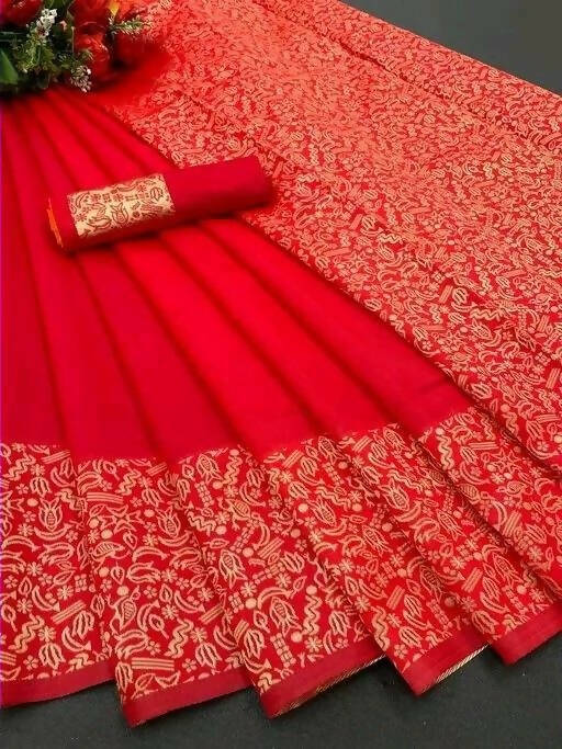 DEIANA'S Beautiful Designer Golden zari Soft Lichi Silk Saree - Red