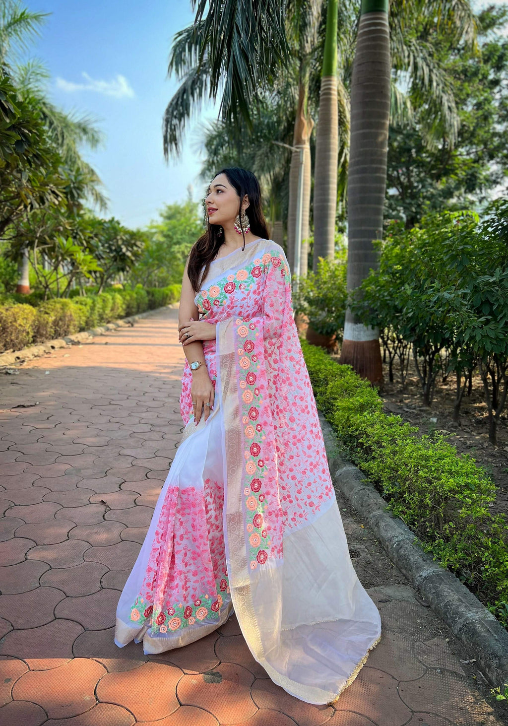 Vamsee Radhika Jaal Pink Organza Silk Saree