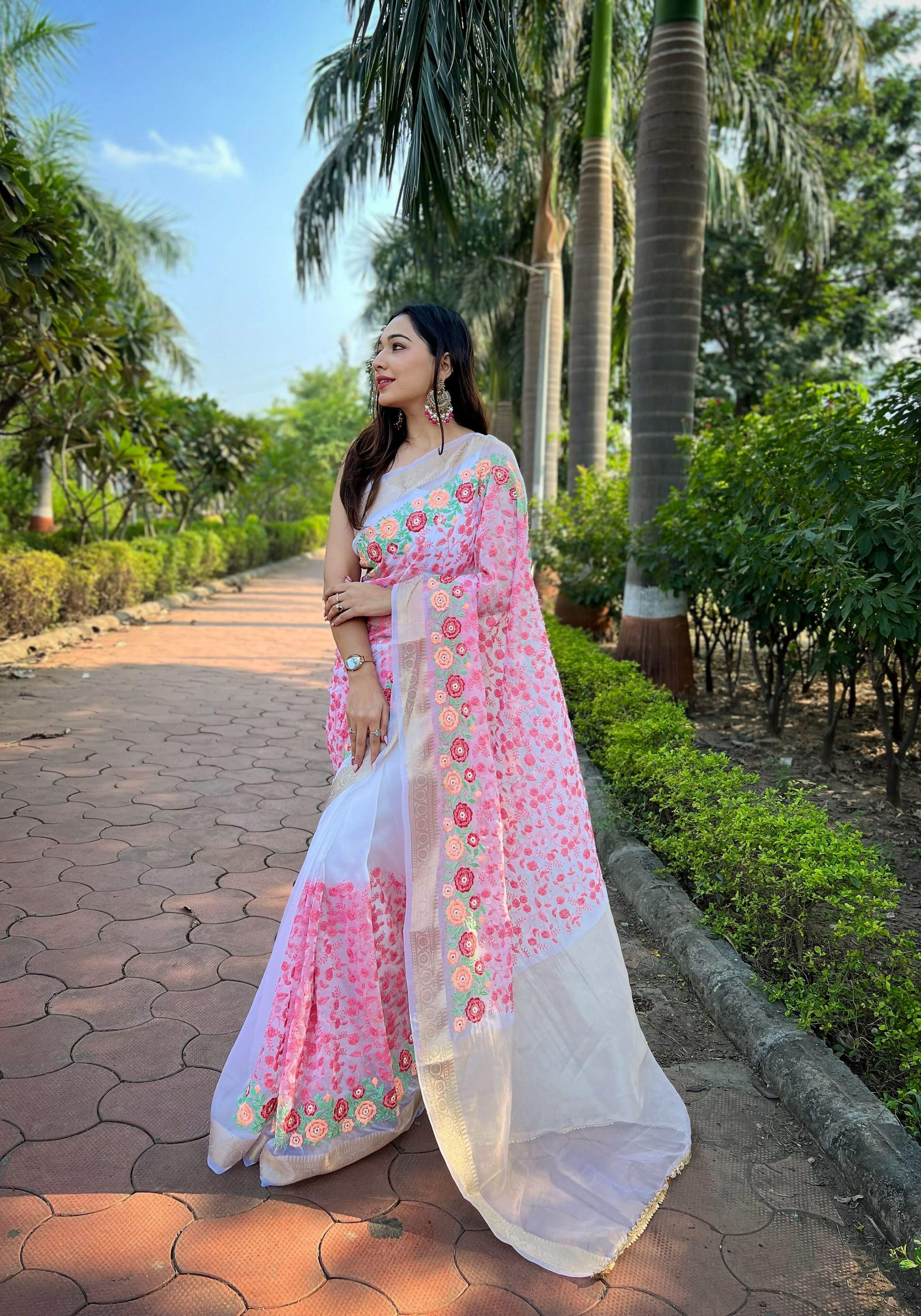 Vamsee Radhika Jaal Pink Organza Silk Saree