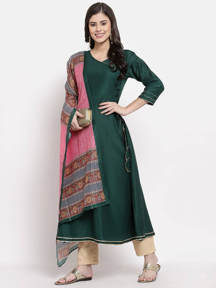 Myshka Women's Green Cotton Solid 3/4 Sleeve V Neck Casual Kurta Dupatta Set
