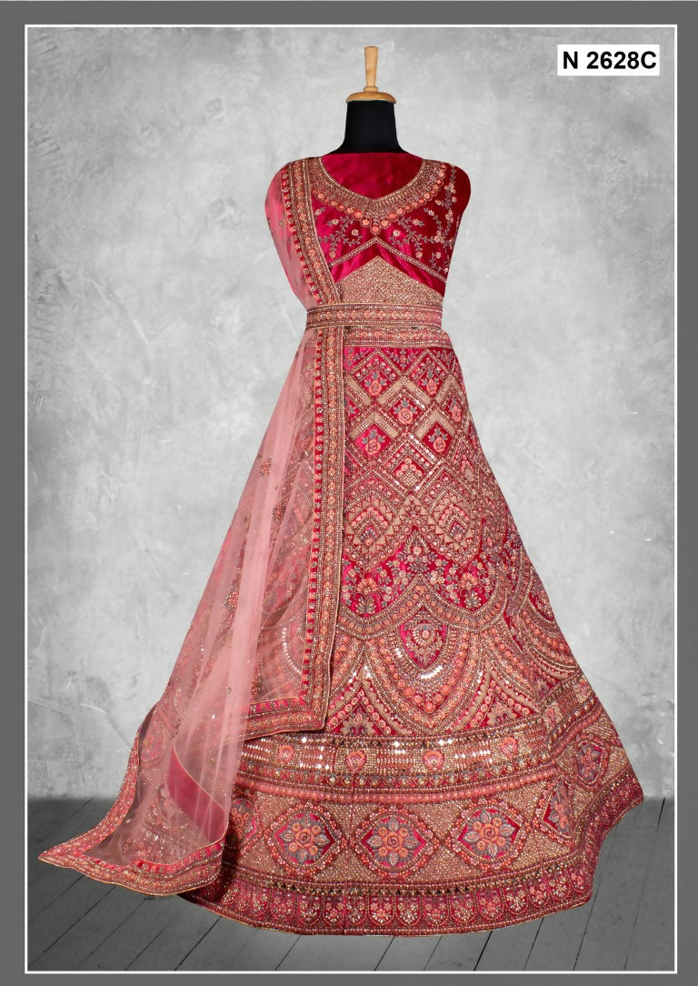 Red Velvet Zardosi Work With Pure Mirror Work Lehenga Choli - Nimaya Tyohar