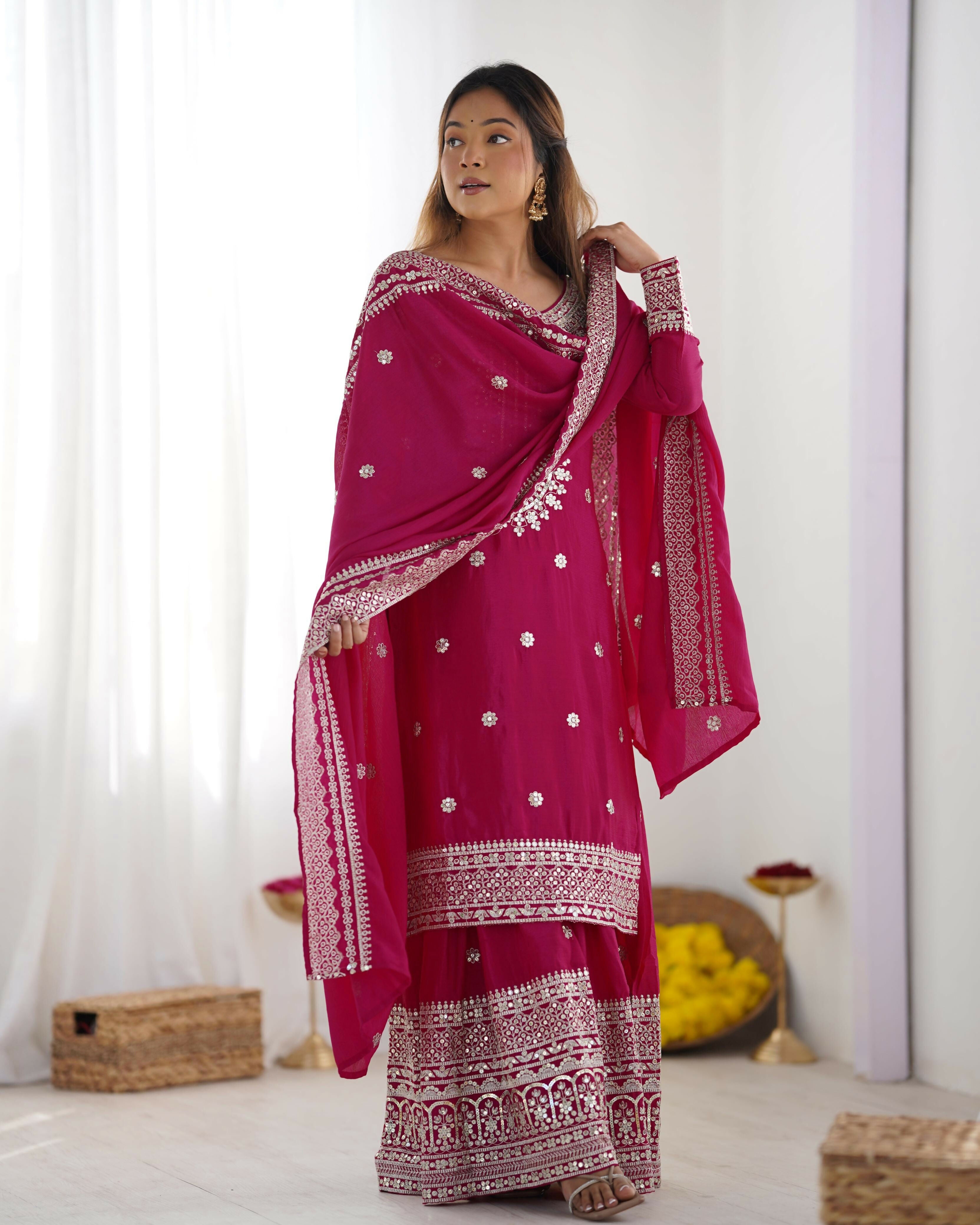 Joban Fashion Pink Kurta Set Silk Sequins , Zari, Coding & Thread Embroidered work - Distacart