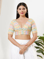 Joban Fashion Multi Silk Padded Blouse With V Neck Elbow Sleeves - Distacart